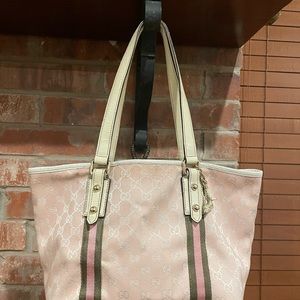 Gucci GG Canvas Sherry Line Hand Bag Pink White Green